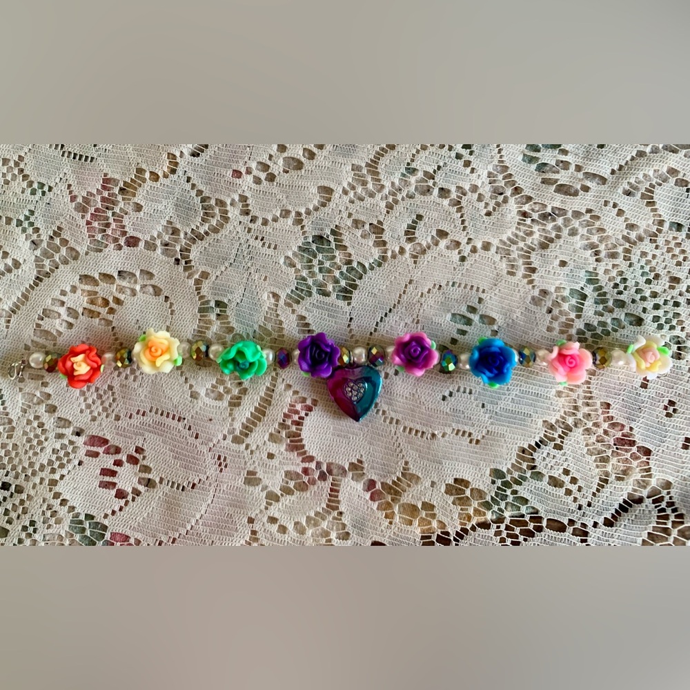 Flower Anklet with Heart Locket & Crystal Sparkle! One of Kind Just Like You!